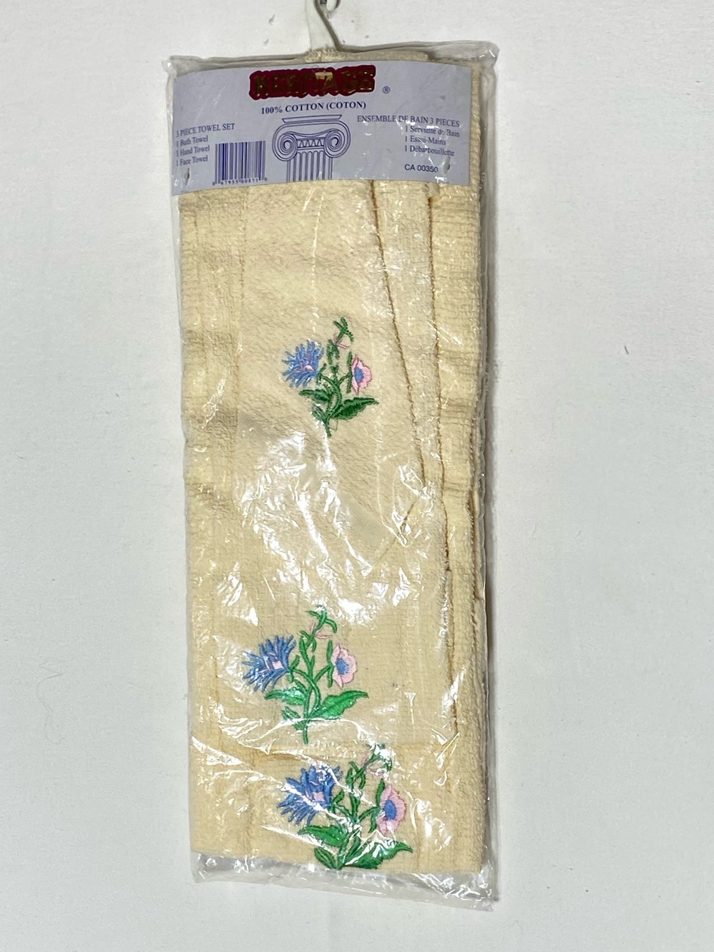 Vintage Heritage 3 Piece Towel Set Yellow 100% Cotton Floral Embroidered NWT